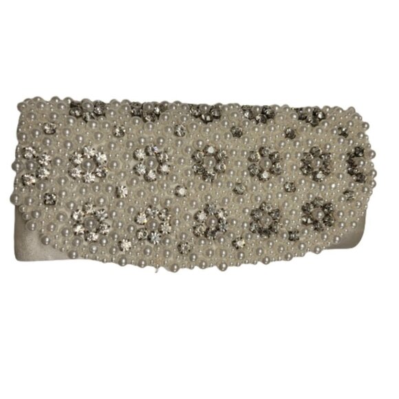 Simon Chang Pearl and Crystal Studded Evening Cocktail Wedding White Purse - Picture 1 of 16
